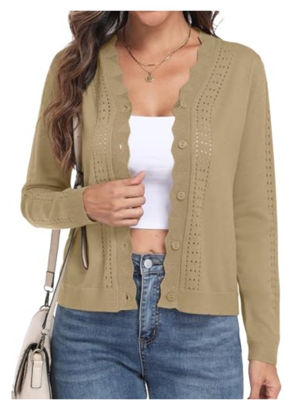 Women's V-Neck Cropped Cardigan Lightweight Knit Scalloped Edge 100% Viscose